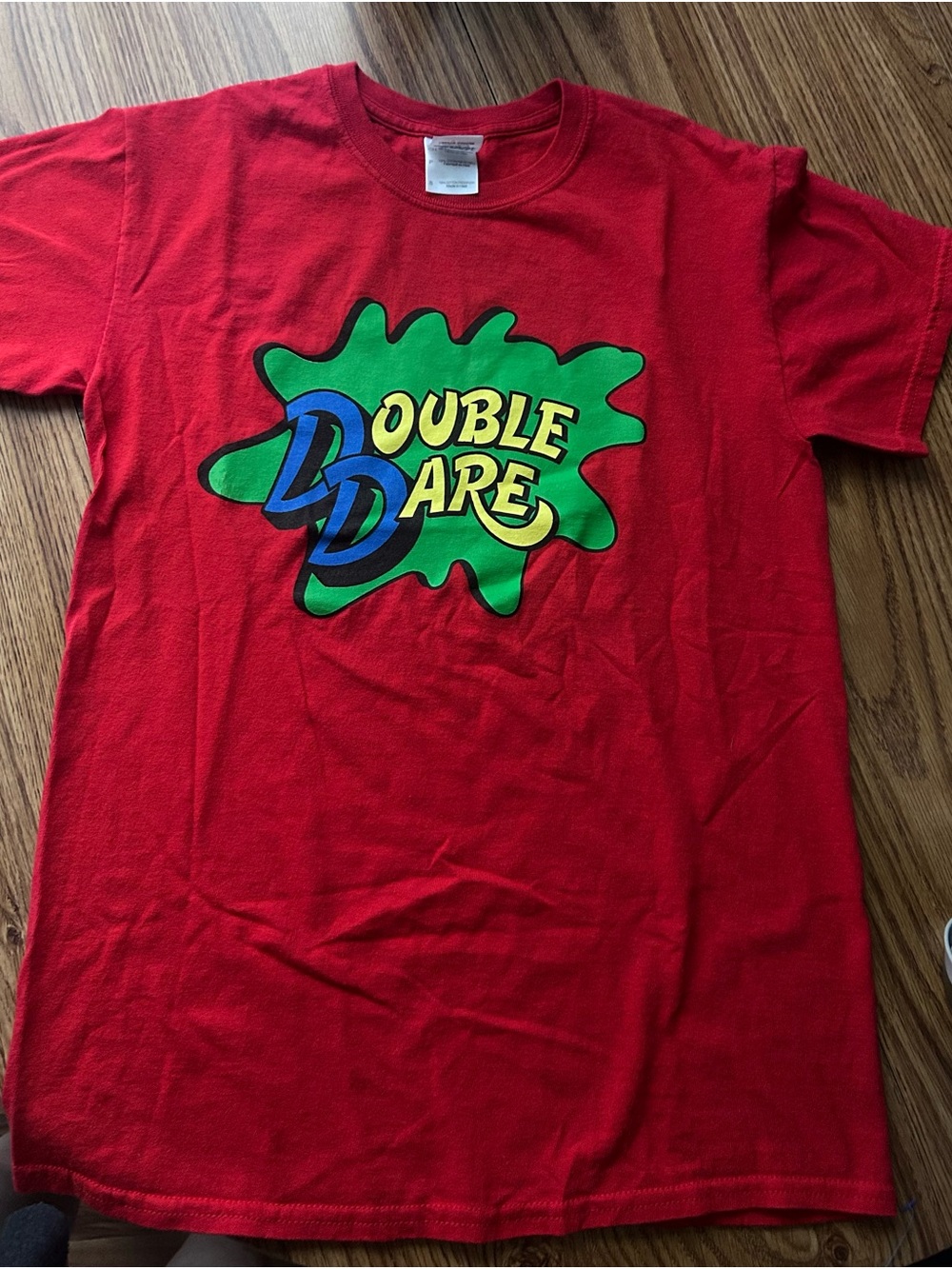 Gildan Red Double Dare Graphic Tee with Green & Blue Logo